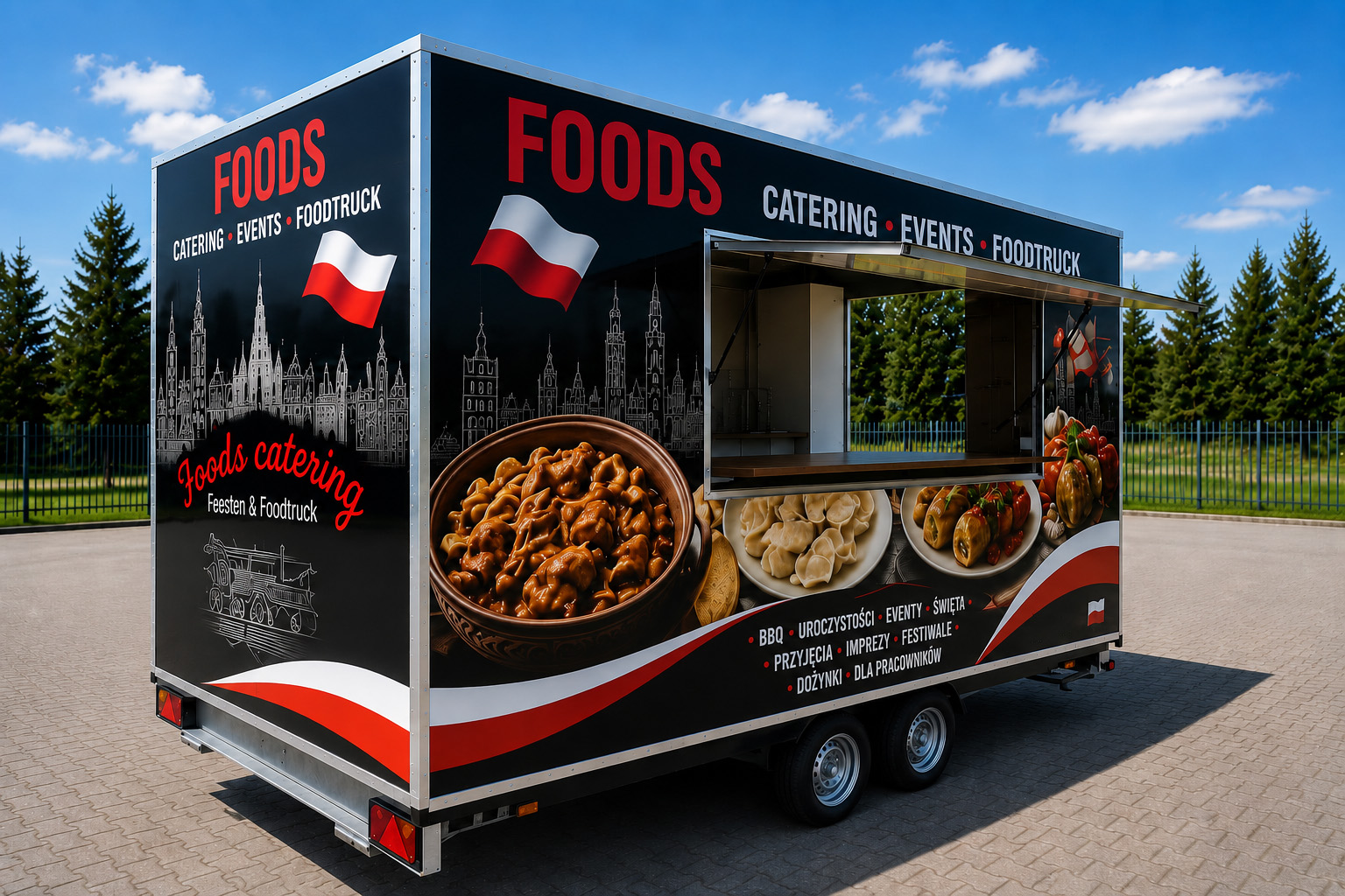 Przyczepa gastronomiczna Poolse Catering z pełnym brandingiem